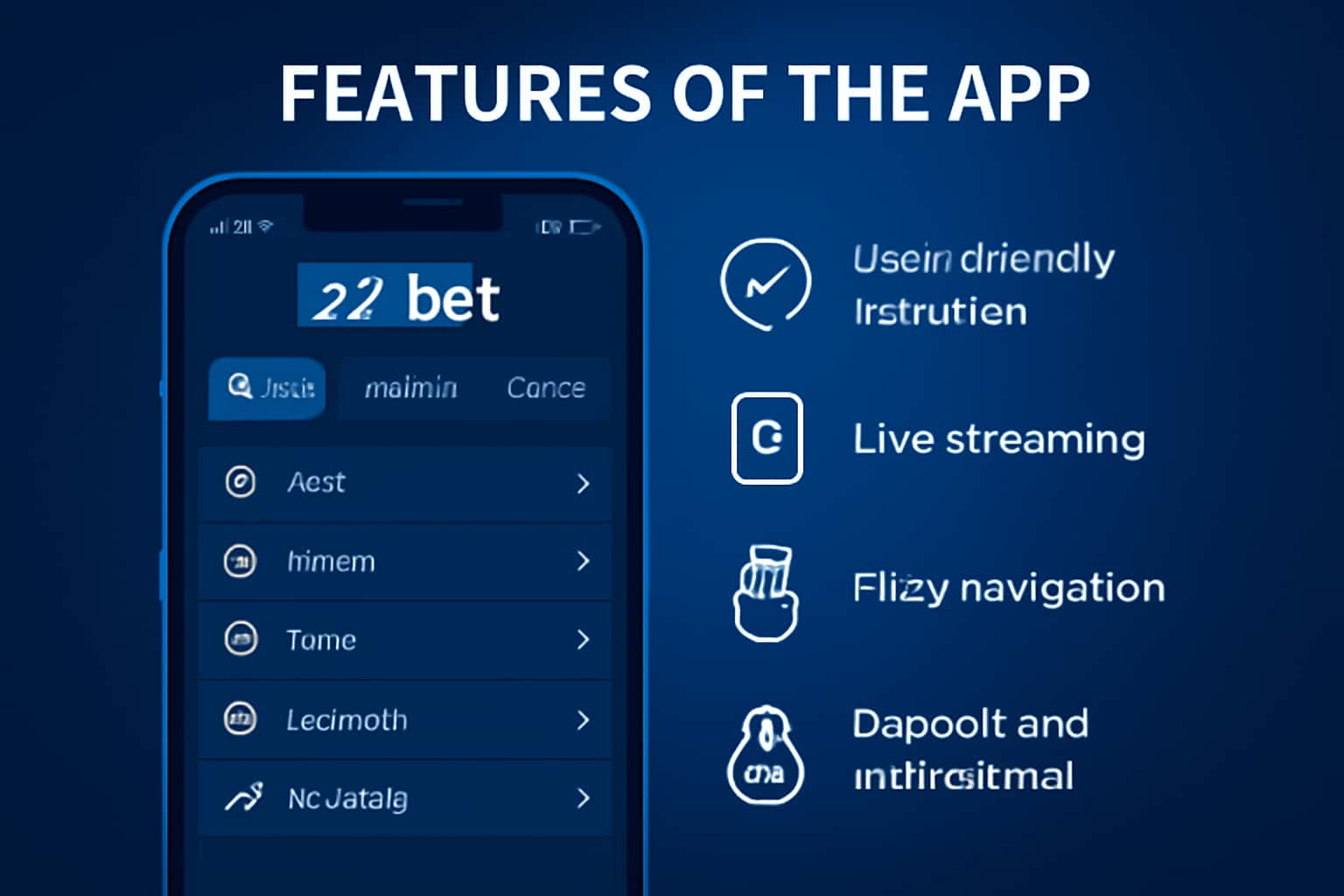 An illustration representing the features of the 22bet app with clear text.